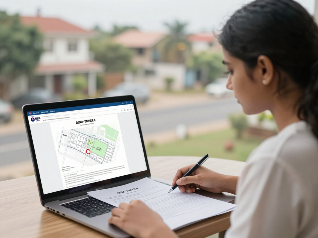 A woman checking a TNRERA approved plot layout on a laptop while signing real estate documents, illustrating that RERA approval is mandatory for plots.