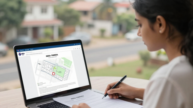 A woman checking a TNRERA approved plot layout on a laptop while signing real estate documents, illustrating that RERA approval is mandatory for plots.